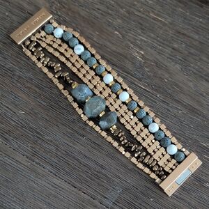 Victoria Emerson Gold Multi-Strand Bracelet with Blue and Gray Beads